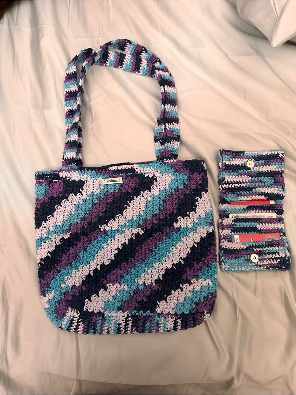 Handmade Crochet Tote Bag in Purple, Teal & White